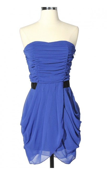 Shirred Contrast Waist Strapless Drape Dress in Royal Blue
